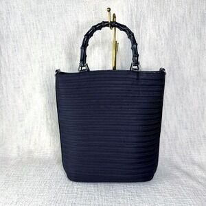 Vintage Gucci Bamboo Handle Black Nylon Tote with Leather Trim &‎ Storage Box